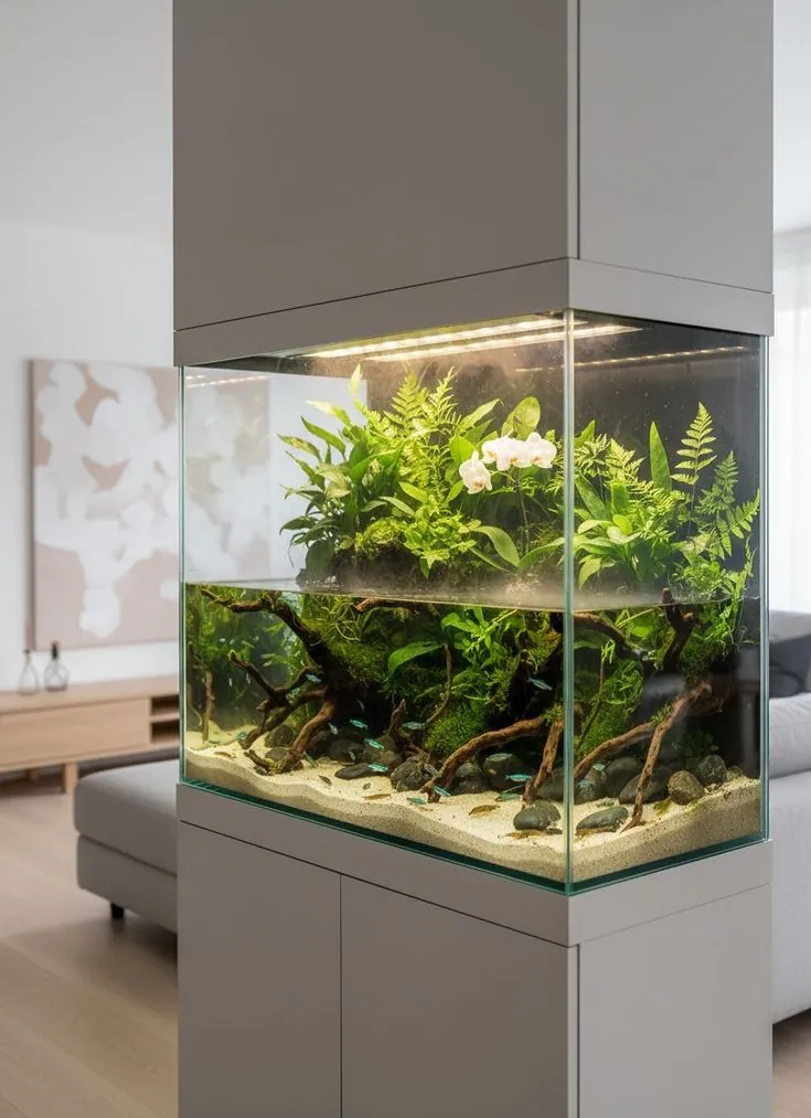 Aquascape u enterijeru: biljni akvarijum ugrađen u stub dnevne sobe, sa korenjem, peskom i biljkama iznad vode