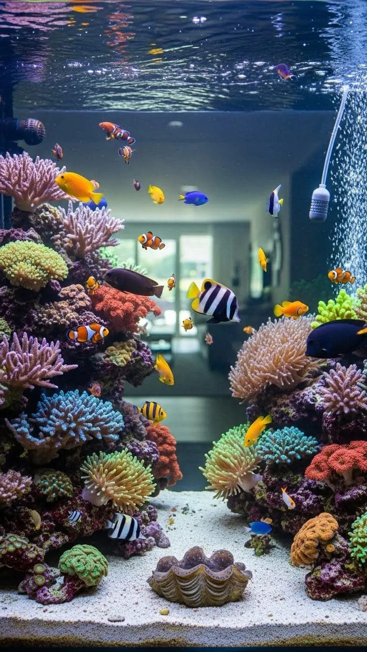 Morski reef akvarijum sa šarenim koralima, klovn ribama i drugim morskim ribama