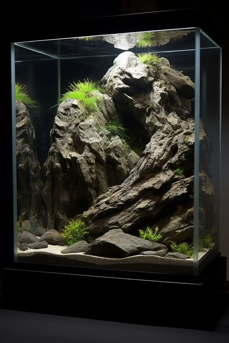 Hardscape aquascape: visoka skulpturalna kamena kompozicija u uskom akvarijumu sa malo trave i sitnih biljaka